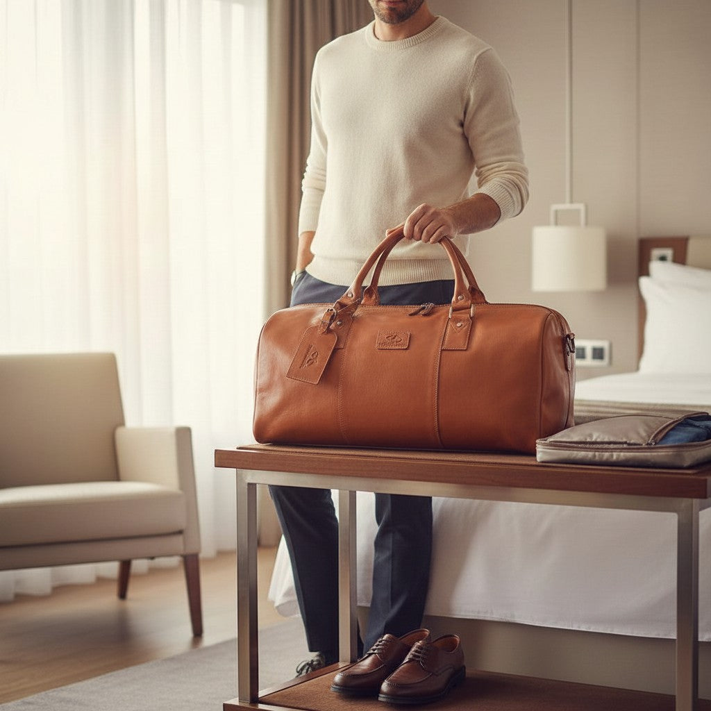 Chris Louis Amsterdam travel overnight bag in tan genuine veg-tan hide leather with top handles and detachable strap.