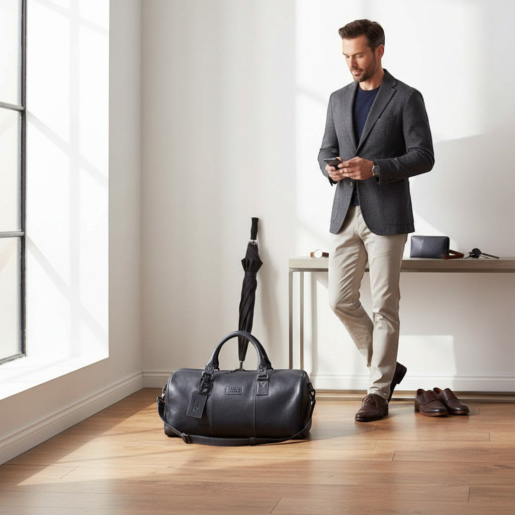 Chris Louis black genuine leather Amsterdam travel overnight bag with top handles and detachable strap.
