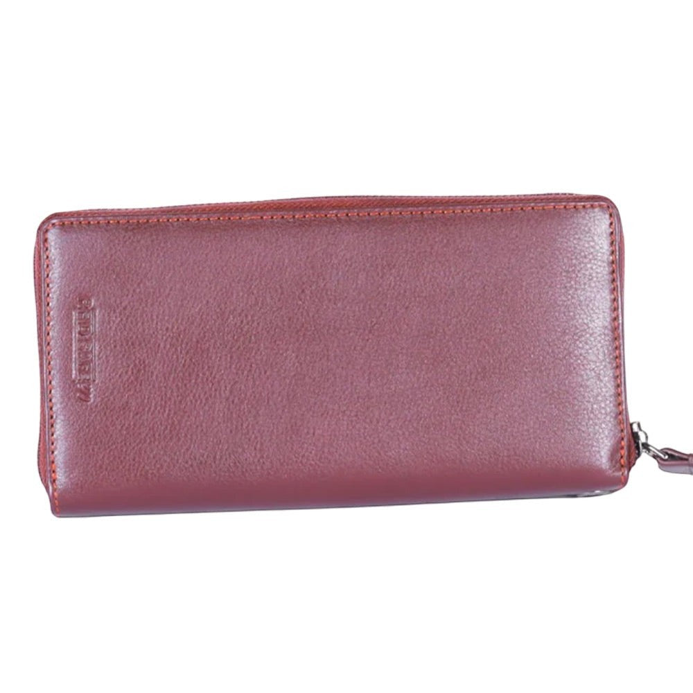 Chris Louis Balea ladies zip-around clutch wallet in brown genuine leather with 26 card slots and wristlet strap.
