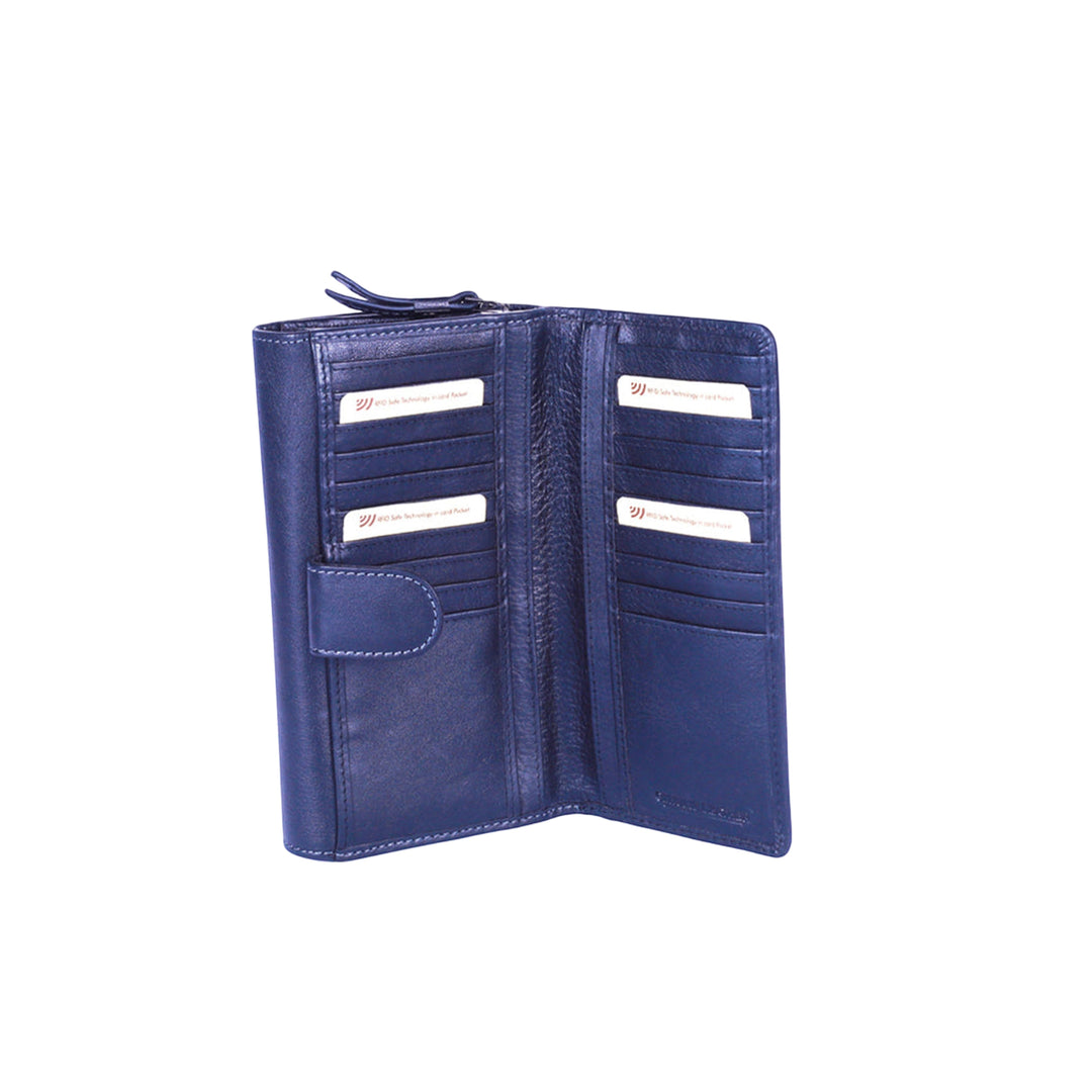 Chris Louis Beehive ladies wallet in navy blue genuine leather with 22 card slots, 4 ID windows, 6 slip pockets, and zip coin compartment.