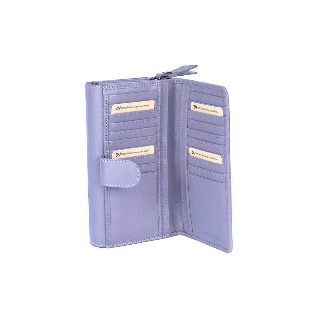 Chris Louis Beehive ladies wallet in light purple genuine leather with 22 card slots, 4 ID windows, 6 slip pockets, and a zip coin compartment.