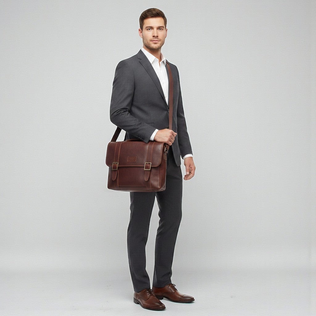 Chris Louis Bethlehem brown leather messenger bag with double lock closure and adjustable strap, worn by a woman in a cafe.