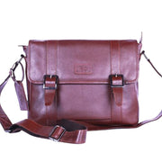 Chris Louis Bethlehem brown genuine leather messenger bag with flap and buckle closures, adjustable strap.
