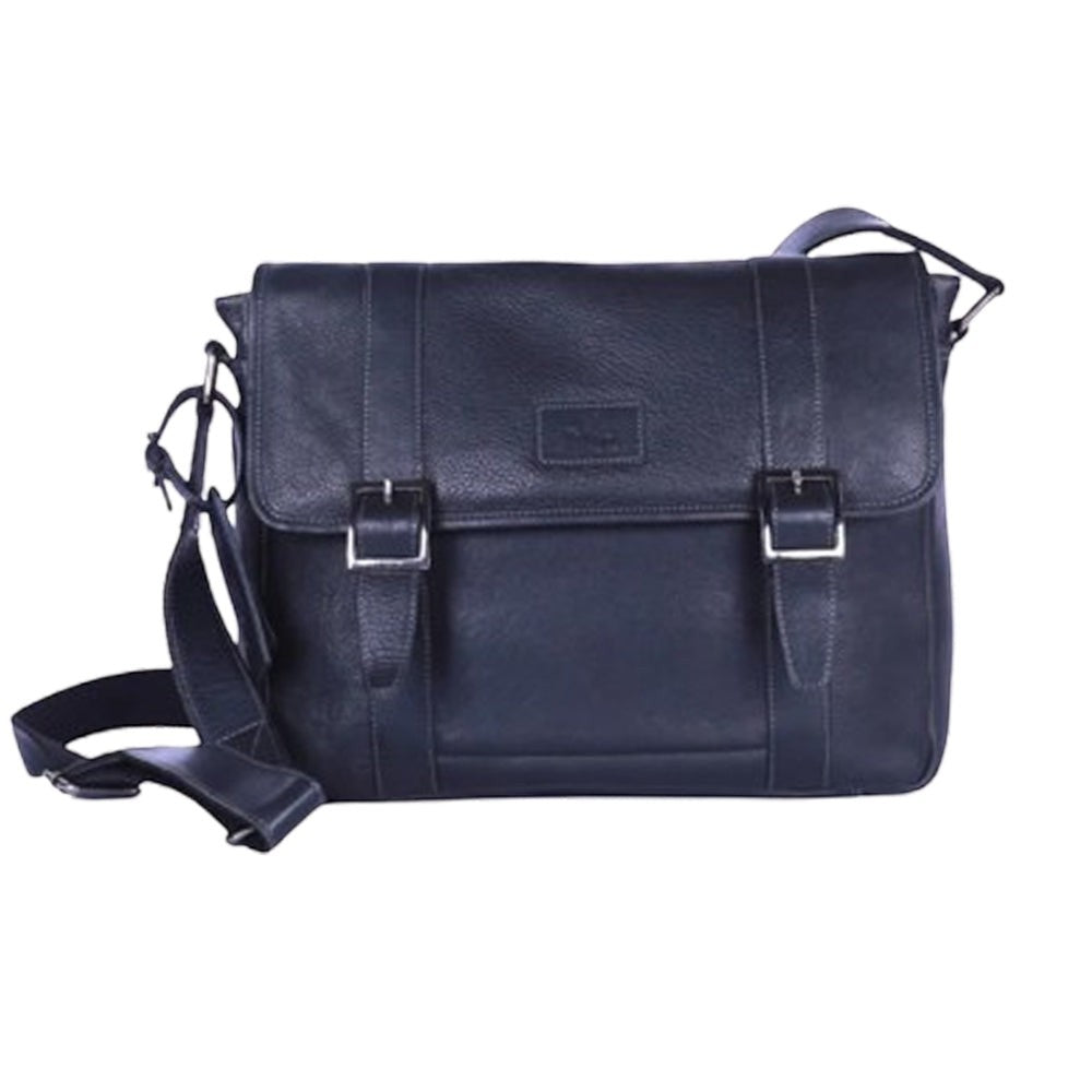Chris Louis Bethlehem Messenger Bag in black genuine leather with double buckle closure and adjustable strap.