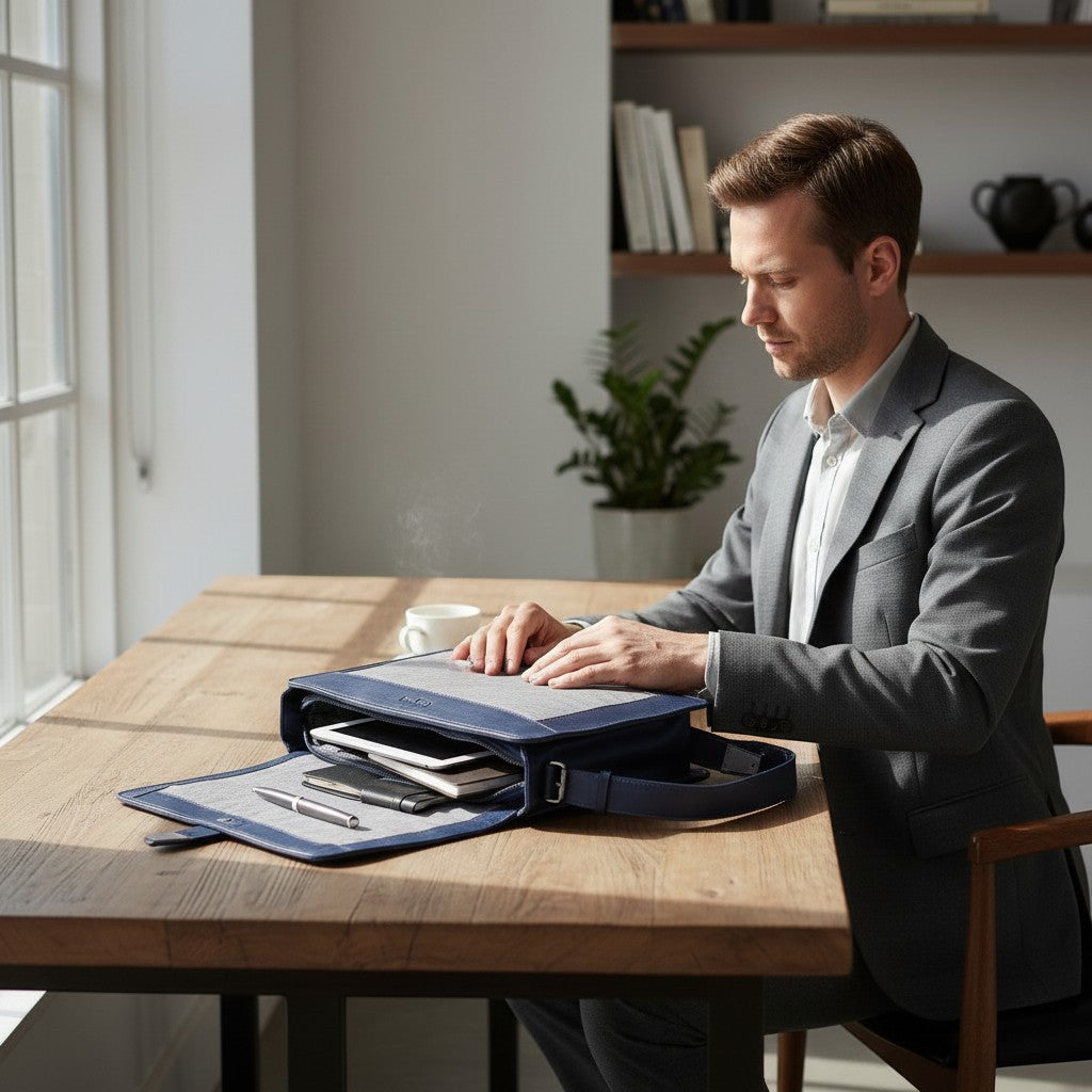 Chris Louis Bethlehem Messenger Bag in navy blue leather and grey canvas with laptop compartment, adjustable strap, and flap closure.