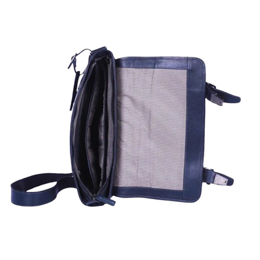 Chris Louis Bethlehem Messenger Bag in navy blue genuine leather with multiple compartments and flap closure.