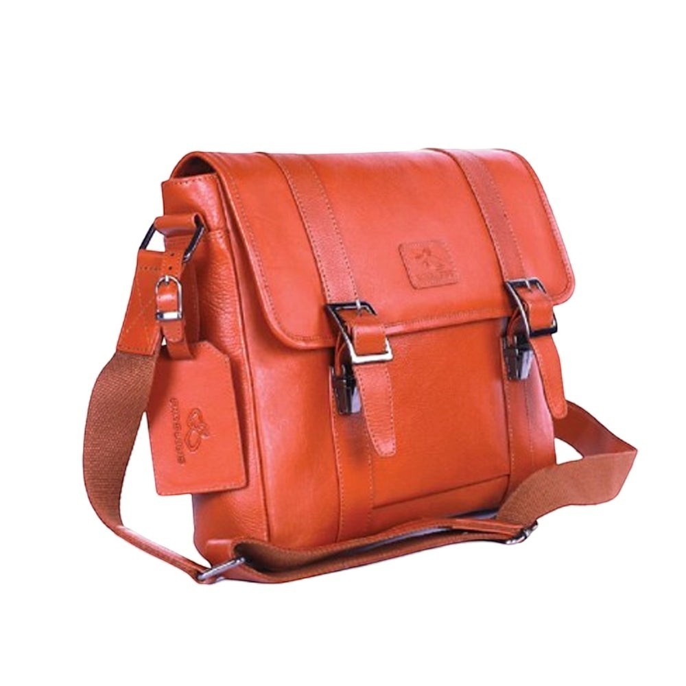 Chris Louis Bethlehem tan leather messenger bag with flap, buckle closures, and adjustable strap.