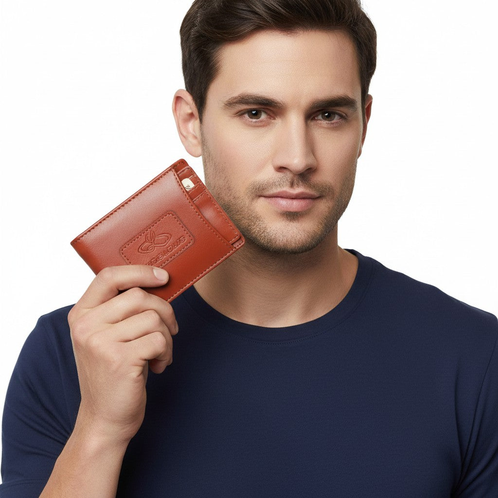 Chris Louis bifold wallet in warm brown genuine leather with debossed logo and card slots.