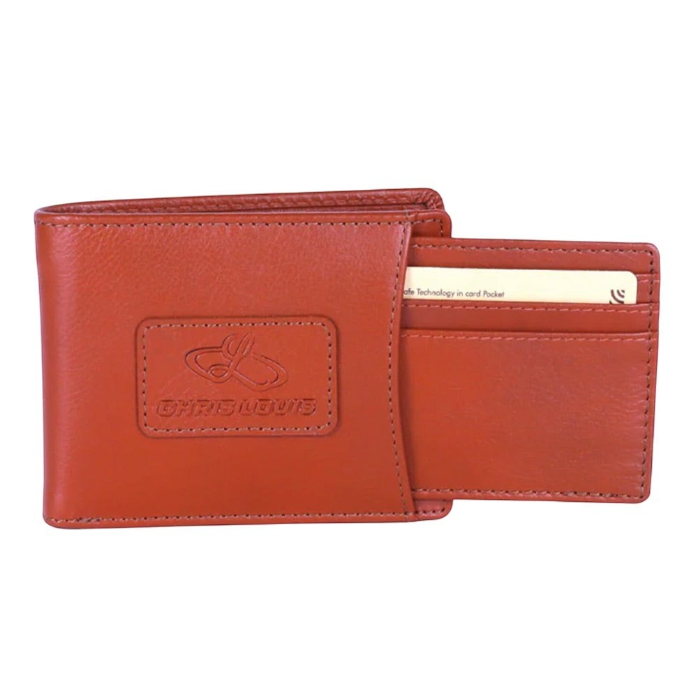 Chris Louis bifold wallet in warm brown genuine leather with debossed logo and card slots. RFID blocking.