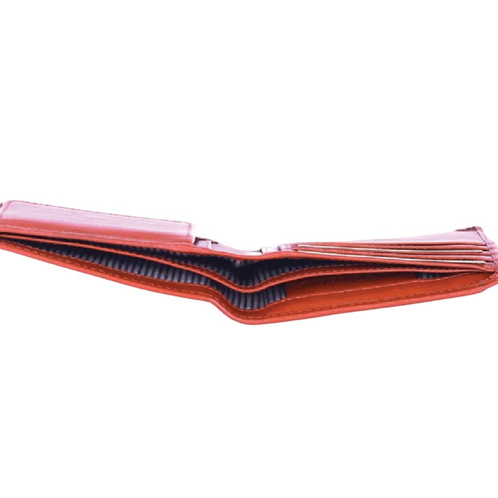 Chris Louis bifold wallet in warm brown genuine leather with striped lining and multiple card slots.