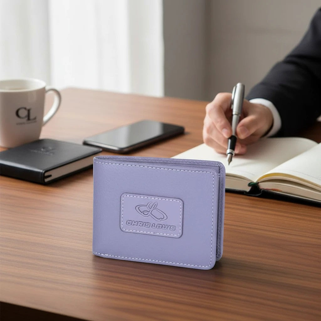 Chris Louis Bifold wallet in lavender leather with embossed logo, RFID protection, and organized interior. Ideal for everyday carry.