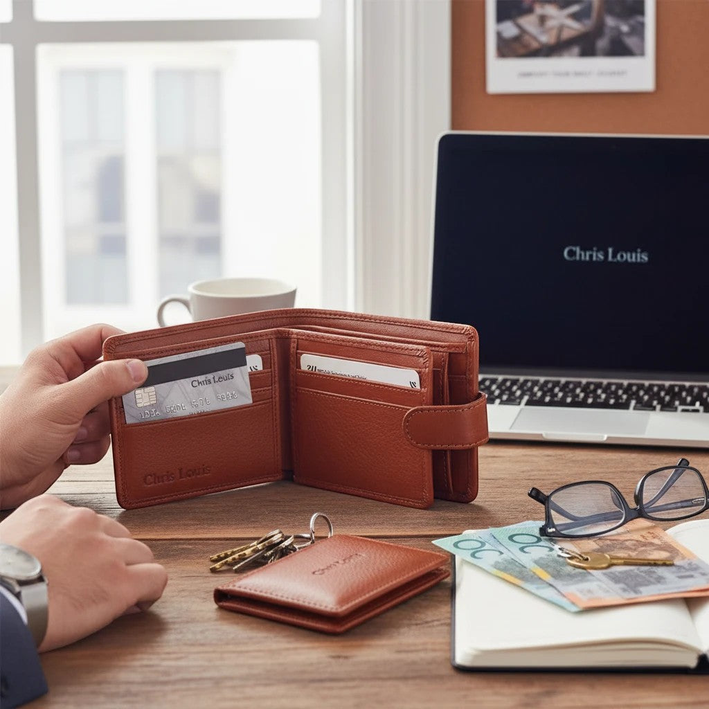 Chris Louis Giza Bifold Tab Wallet in tan genuine leather, with card slots, ID window, and snap closure.