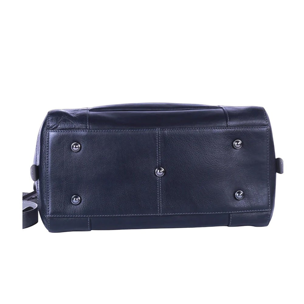 Chris Louis black/grey genuine leather satchel bag with top handle and metal hardware. Features include a detachable strap and multiple pockets.