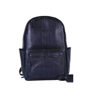 Chris Louis black genuine leather backpack with multiple pockets and laptop compartment.