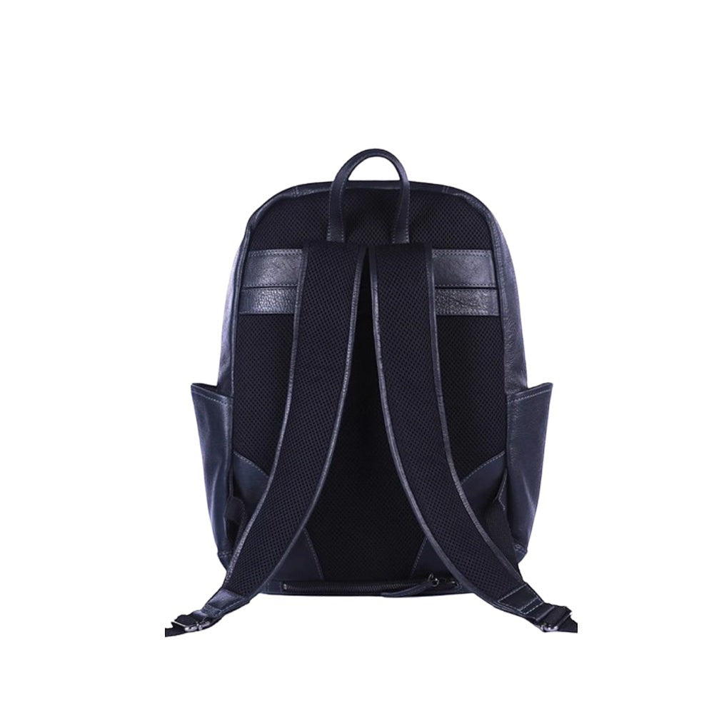 Chris Louis black genuine leather backpack with padded straps, side pockets, and laptop compartment.