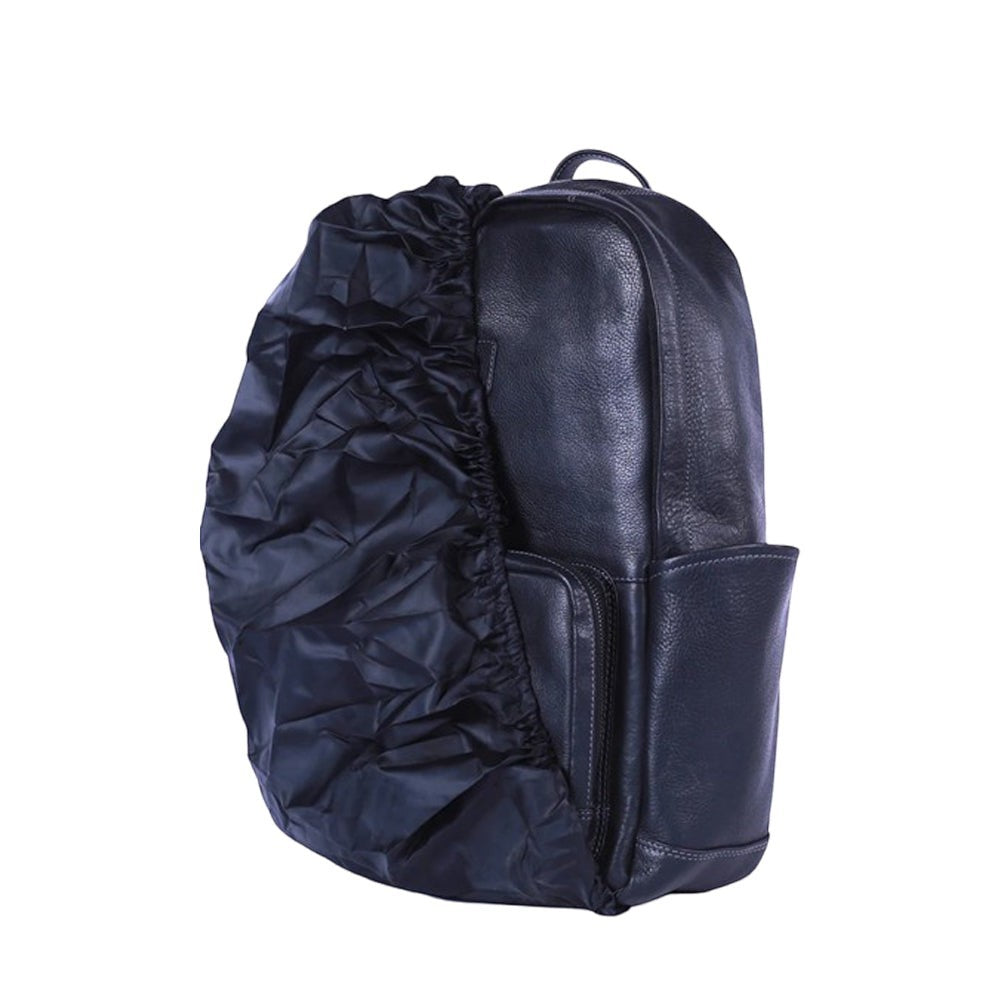 Chris Louis black genuine leather backpack with multiple pockets and a waterproof rain cover.