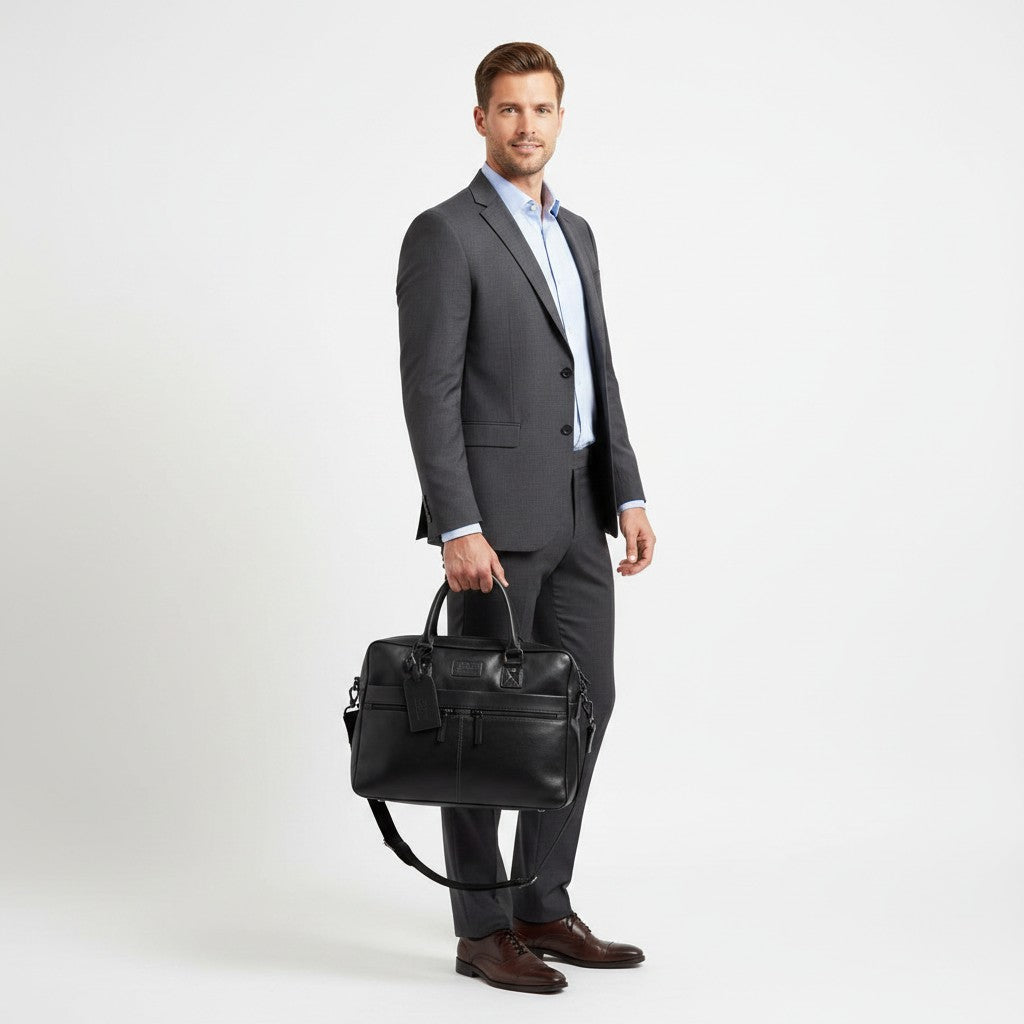 Chris Louis black leather briefcase with detachable shoulder strap, held by a woman in a white shirt and grey trousers.