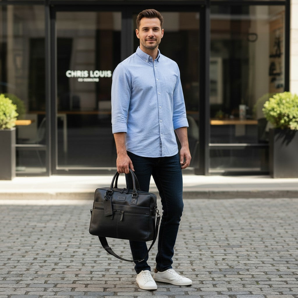 Chris Louis black leather briefcase with detachable shoulder strap, held by a woman in a white shirt and grey trousers.