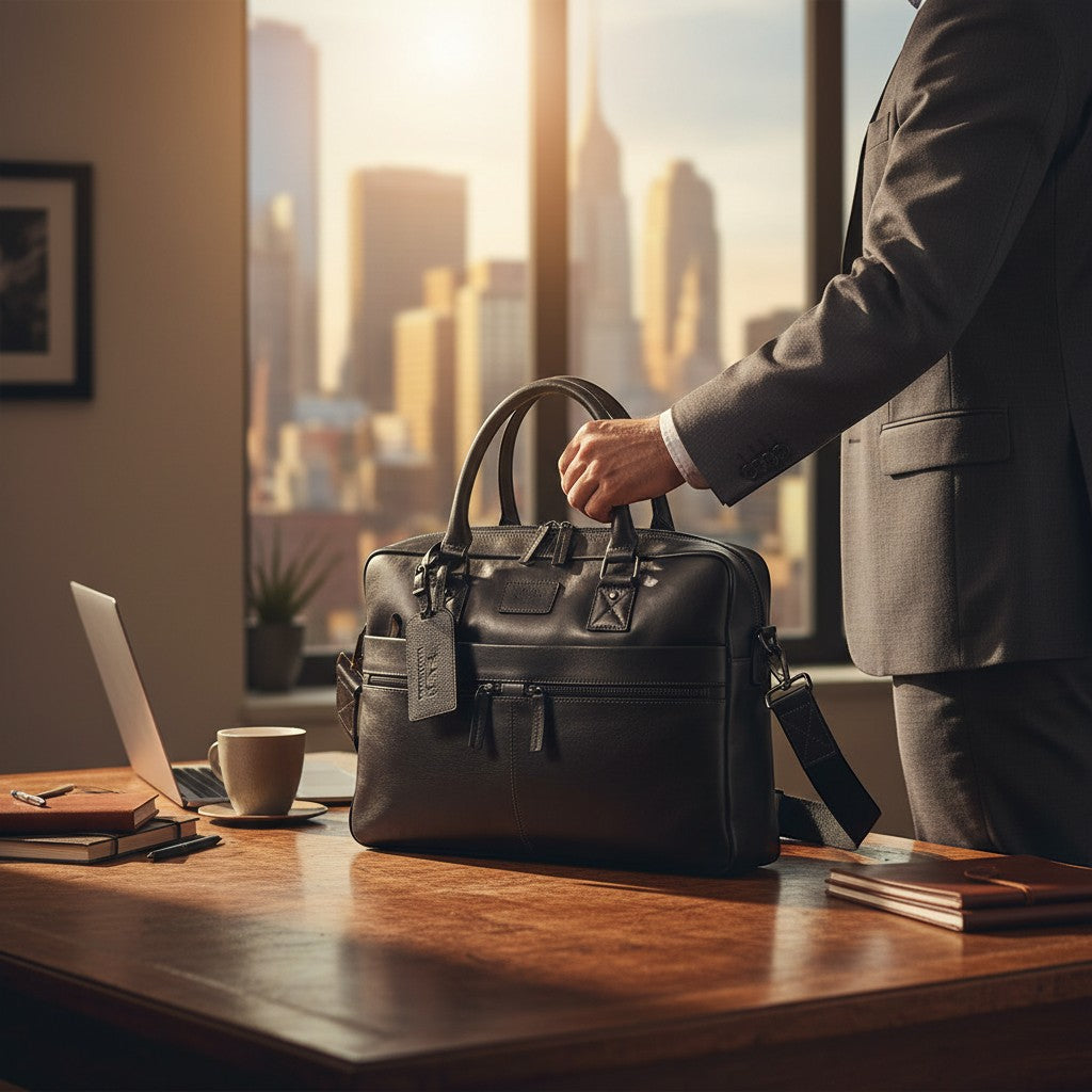 Chris Louis black leather briefcase with top handles and detachable strap, on a desk with laptop and city view.