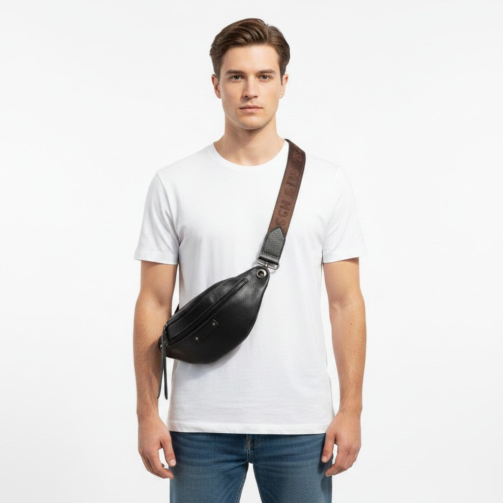 Chris Louis black pebbled leather unisex Explorer bum bag with adjustable strap and multiple zipper compartments.