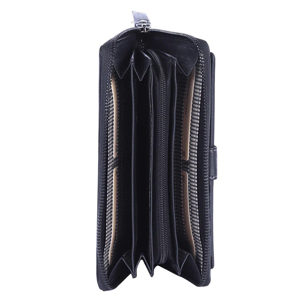 Chris Louis black genuine leather zip-around ladies clutch wallet with 26 card slots and wristlet strap.