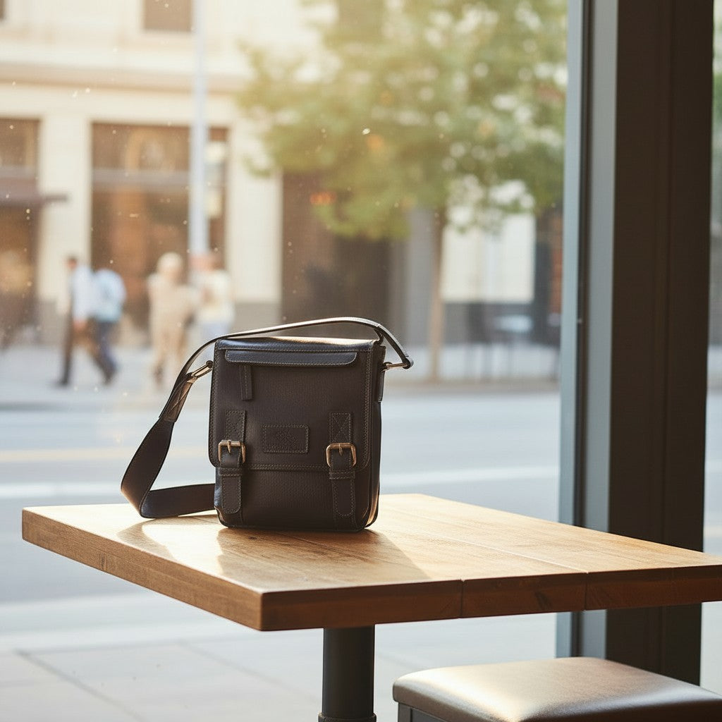 Chris Louis black genuine leather crossbody travel bag with front buckles and adjustable strap.