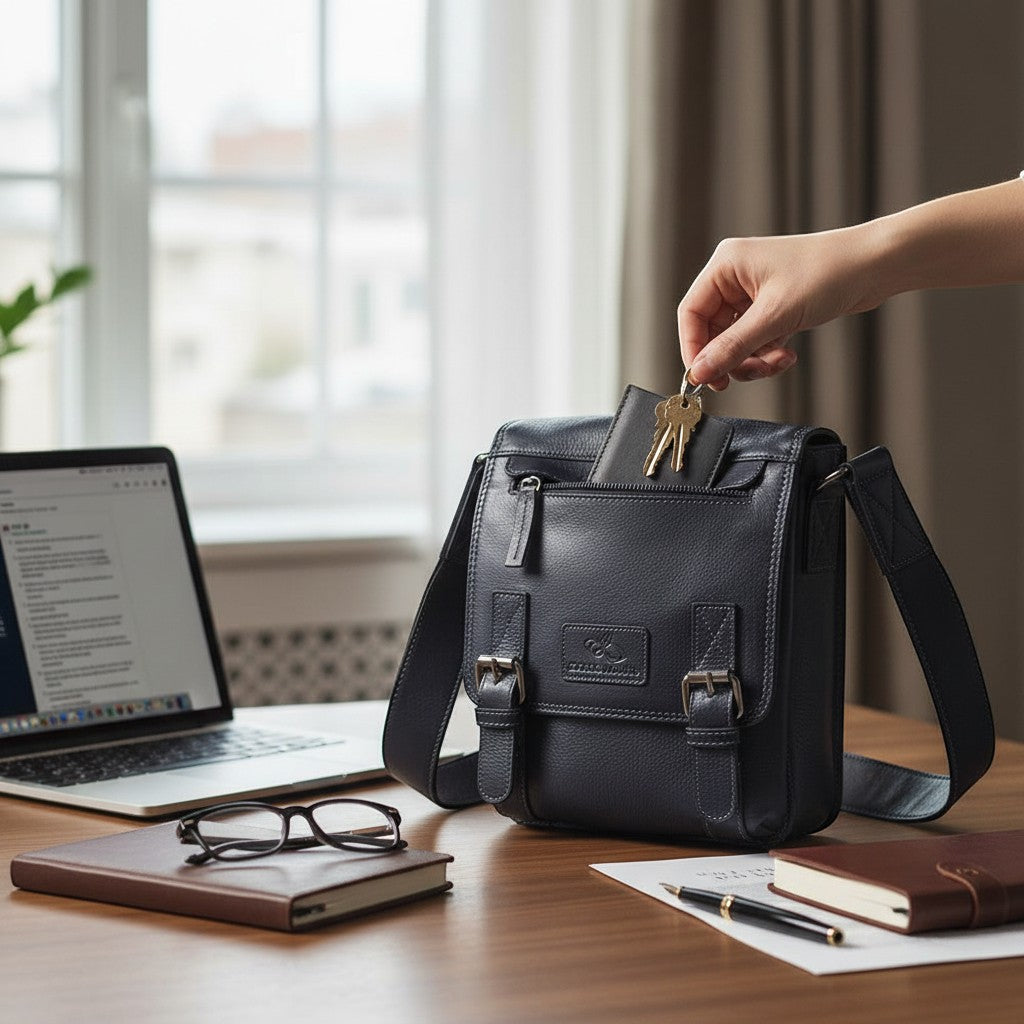 Chris Louis black genuine leather crossbody travel bag with buckle details and adjustable strap.