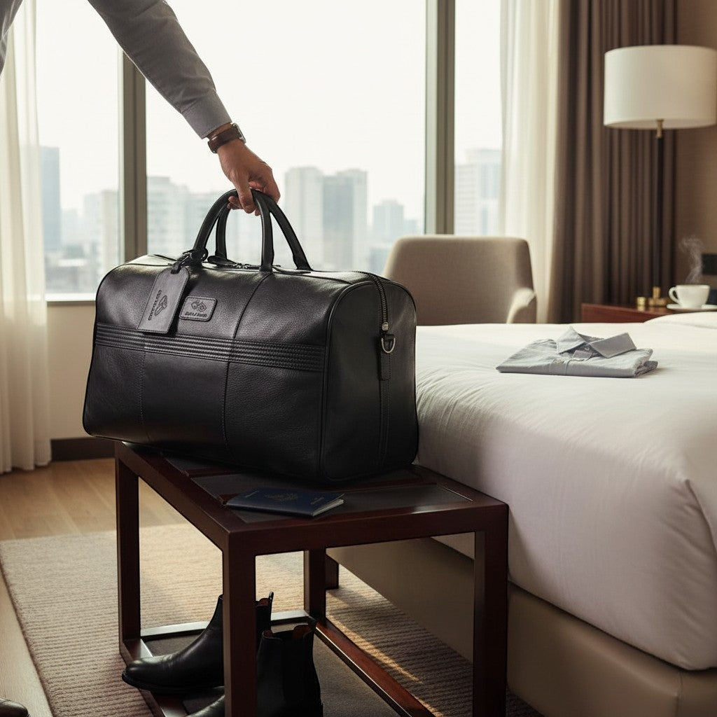 Chris Louis black genuine leather duffle bag with textured panels and luggage tag, perfect for weekend travel.