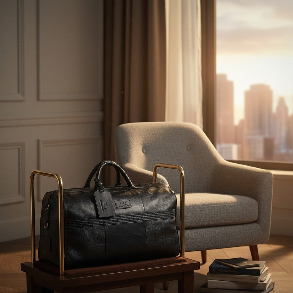 Chris Louis black genuine leather duffle bag with luggage tag, a woman is placing a notebook inside.