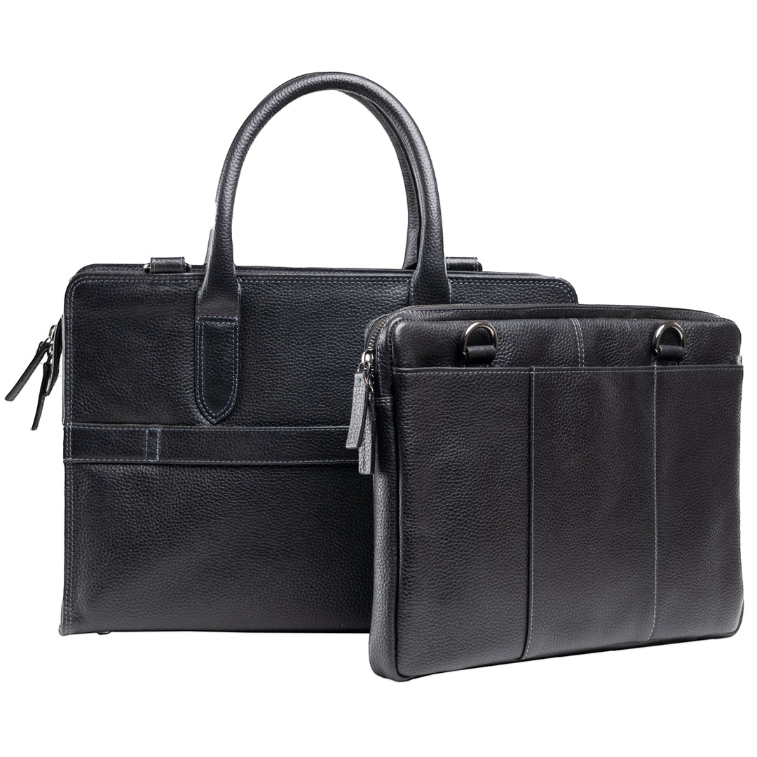 Chris Louis black genuine leather 2-in-1 executive bag with detachable laptop case and trolley strap.