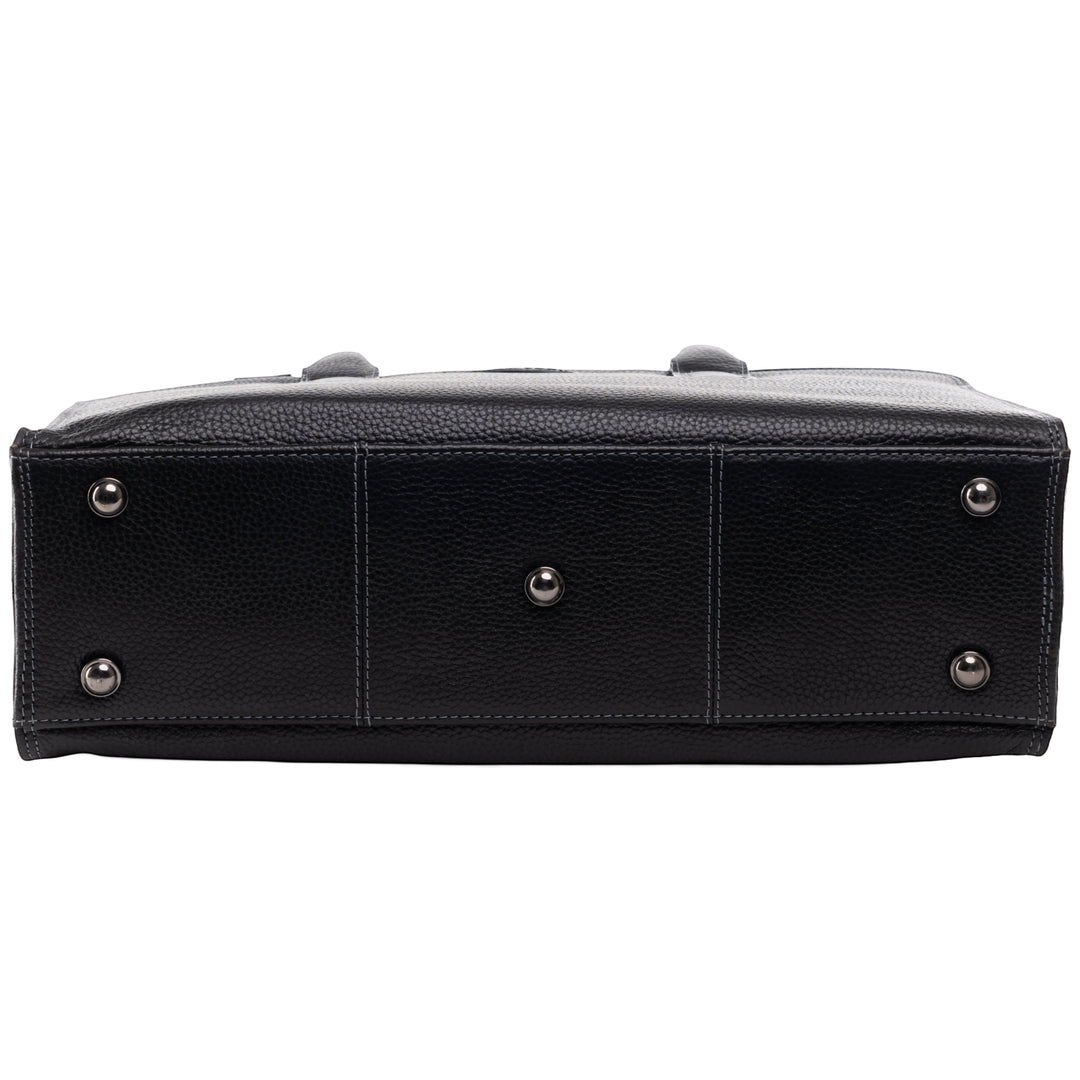 Chris Louis black genuine leather executive bag with metal feet and top handles, 2-in-1 design.