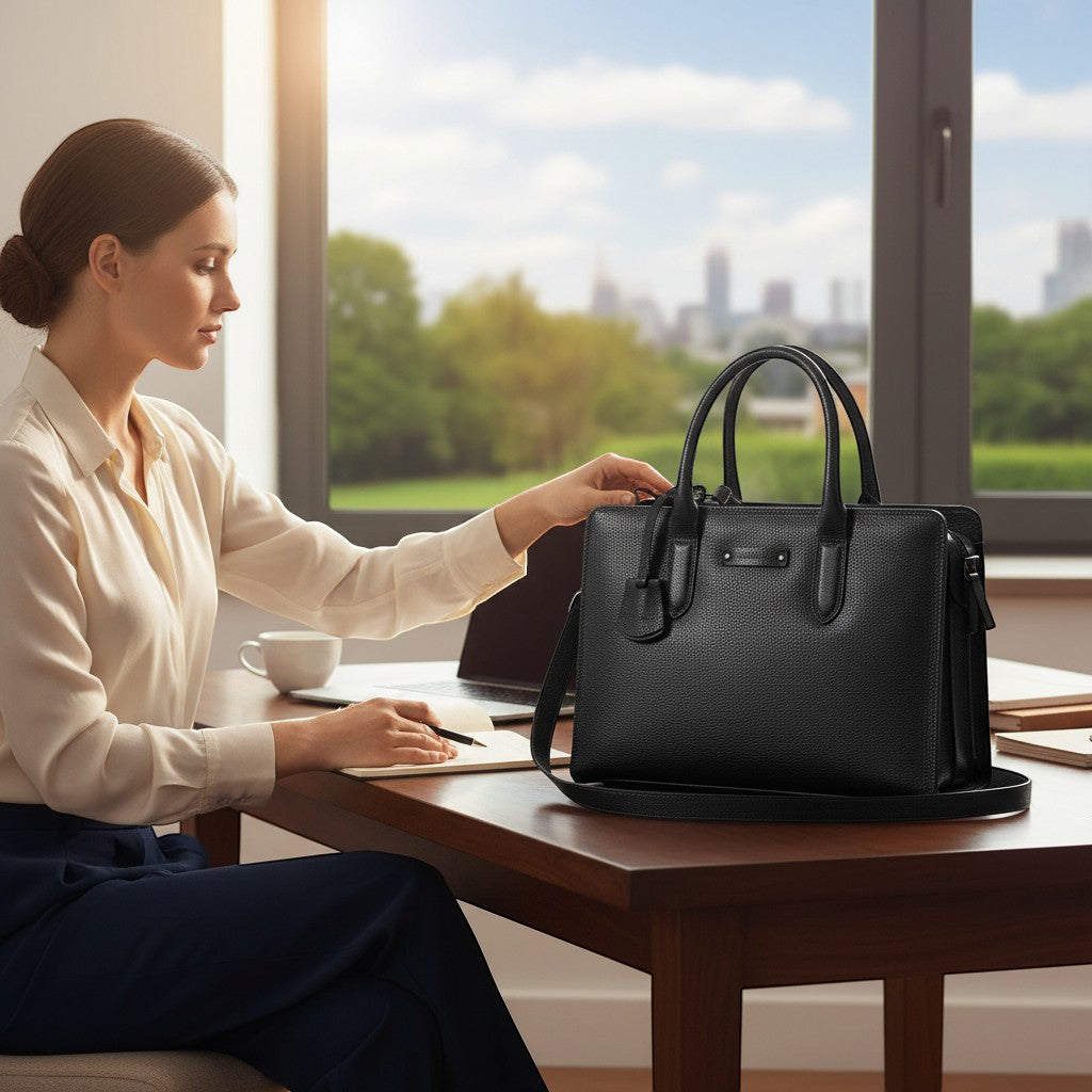 Chris Louis black pebbled leather executive tote bag with top handles and detachable shoulder strap, 2-in-1 design.