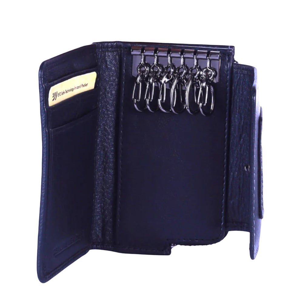 Chris Louis black genuine leather Kyoto key case with 6 key holders, RFID protection, card slots, and coin compartment.