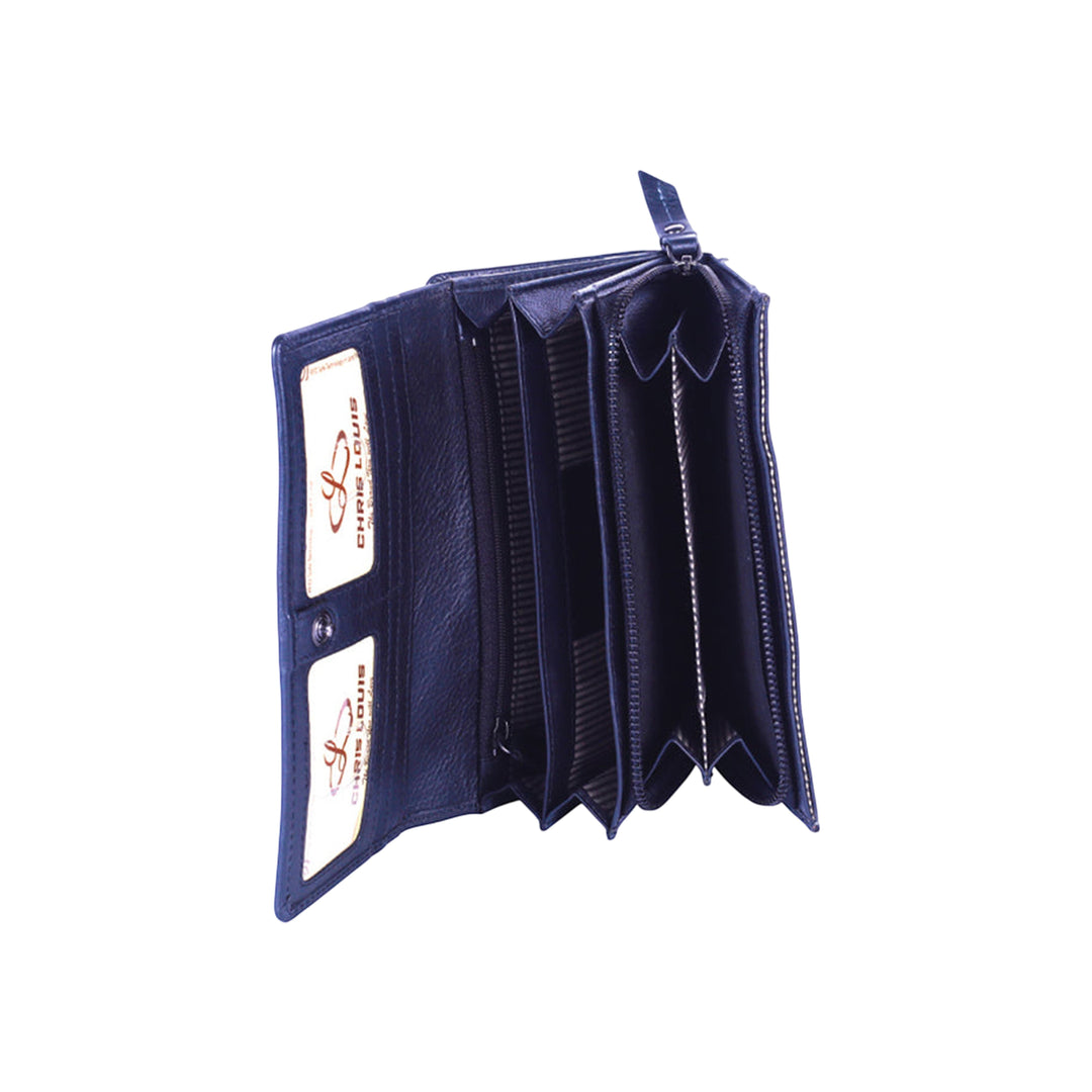 Chris Louis black genuine leather flap clutch ladies wallet with 22 card slots, 4 ID windows, 6 slip pockets, and 1 zip compartment.