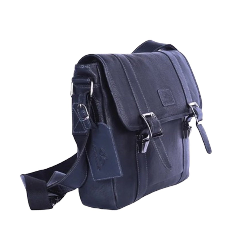 Chris Louis black leather messenger bag with flap, buckle closures, and adjustable strap.