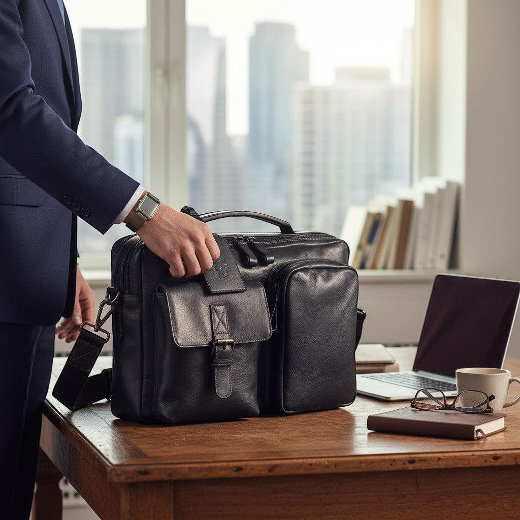 Chris Louis black leather messenger bag with multiple compartments and buckle closure, held by a man in a suit.