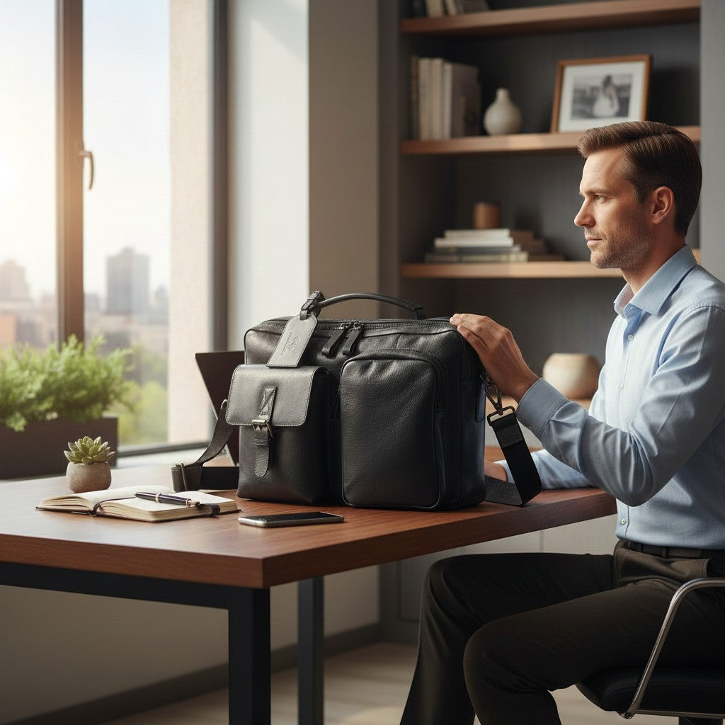 Chris Louis black pebbled leather messenger bag with buckle flap pocket and multiple compartments.