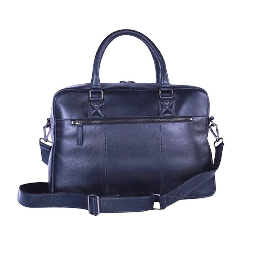 Chris Louis black full-grain leather Ephesus office bag with top handles and detachable shoulder strap.