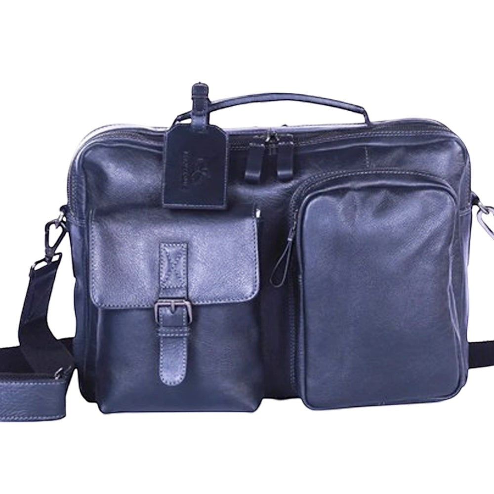 Chris Louis black full-grain leather office bag with top handle, detachable strap, and multiple pockets.
