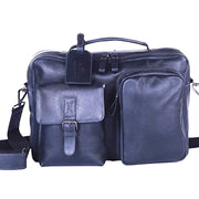 Chris Louis black full-grain leather office bag with top handle, detachable strap, and multiple pockets.
