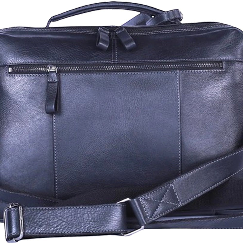 Chris Louis black full-grain leather office bag with top handle and detachable shoulder strap.