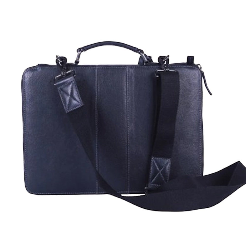 Chris Louis black genuine leather office organizer bag with top handle and detachable strap. Fits 14-inch laptop.