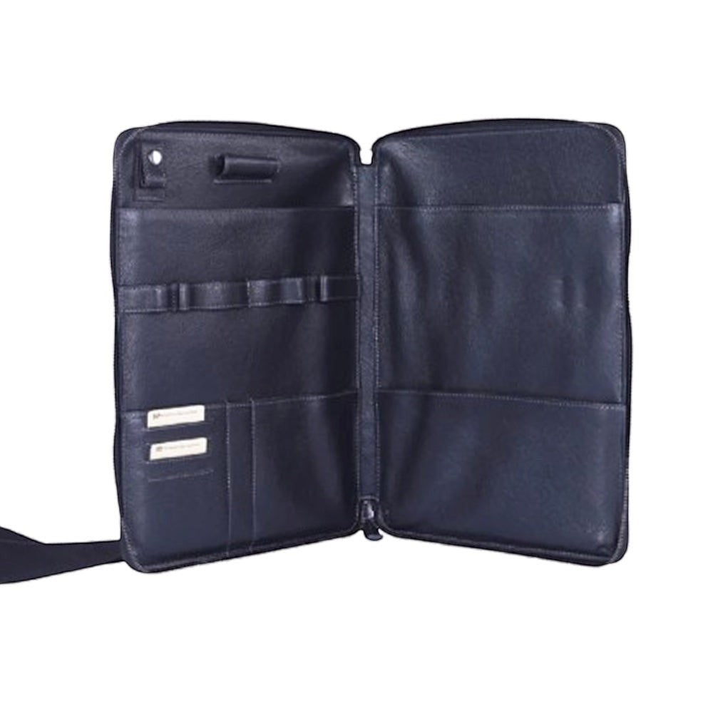 Chris Louis black genuine leather organizer with multiple compartments for cards, pens, and documents.