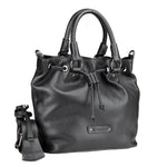 Chris Louis black full grain leather satchel bag with drawstring closure, top handle, and removable crossbody strap.