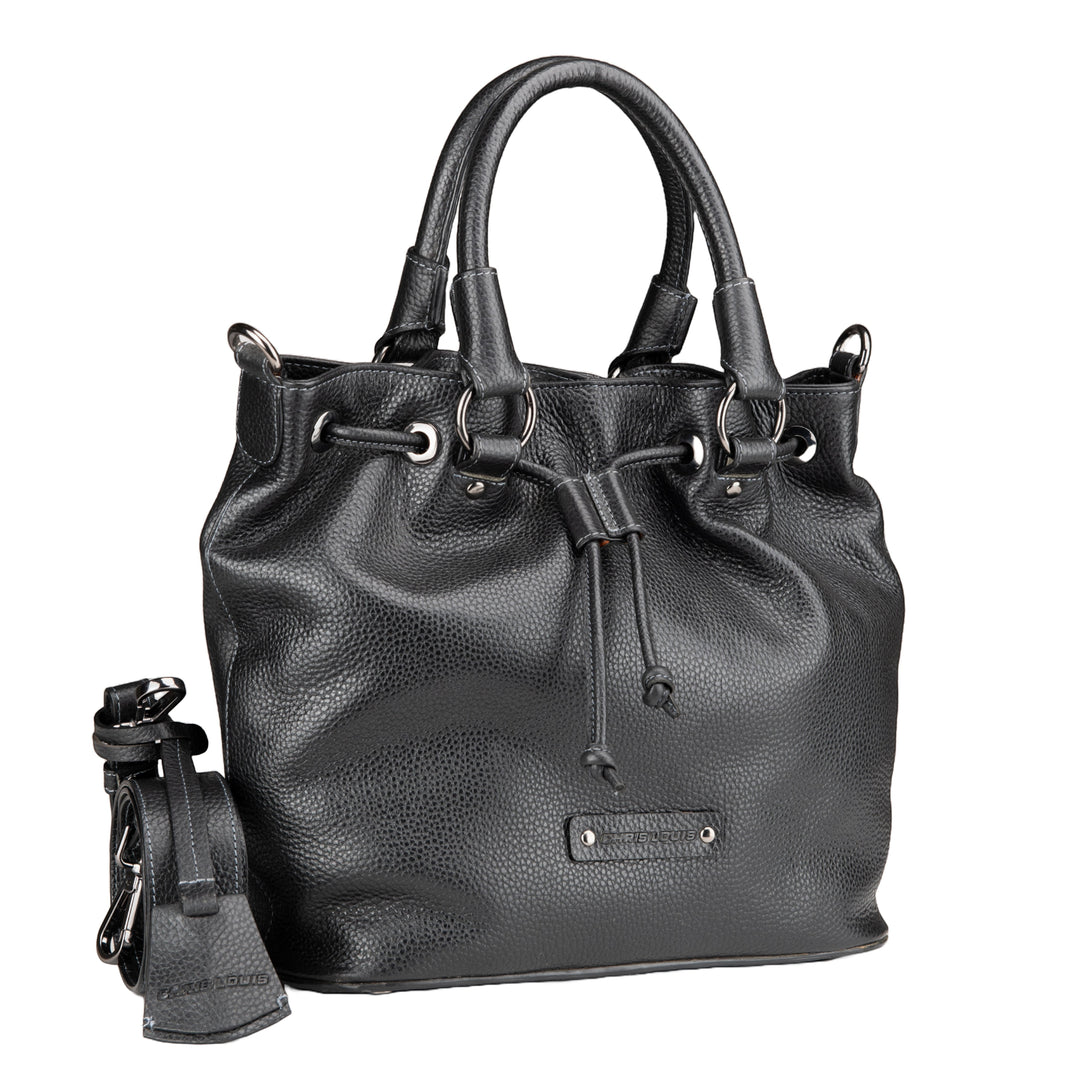 Chris Louis black full grain leather satchel bag with drawstring closure, top handle, and removable crossbody strap.