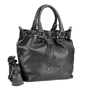 Chris Louis black full grain leather satchel bag with drawstring closure, top handle, and removable crossbody strap.