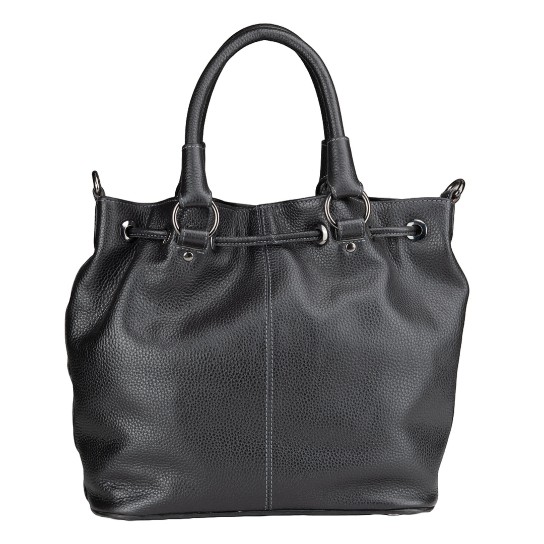 Chris Louis black full grain leather satchel bag with drawstring, top handle, and metal hardware details.