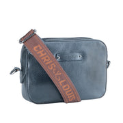 Chris Louis black full grain genuine leather sling bag with adjustable strap and multiple zipper compartments.