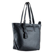 Chris Louis black pebbled leather tote bag with shoulder straps and a leather tag.