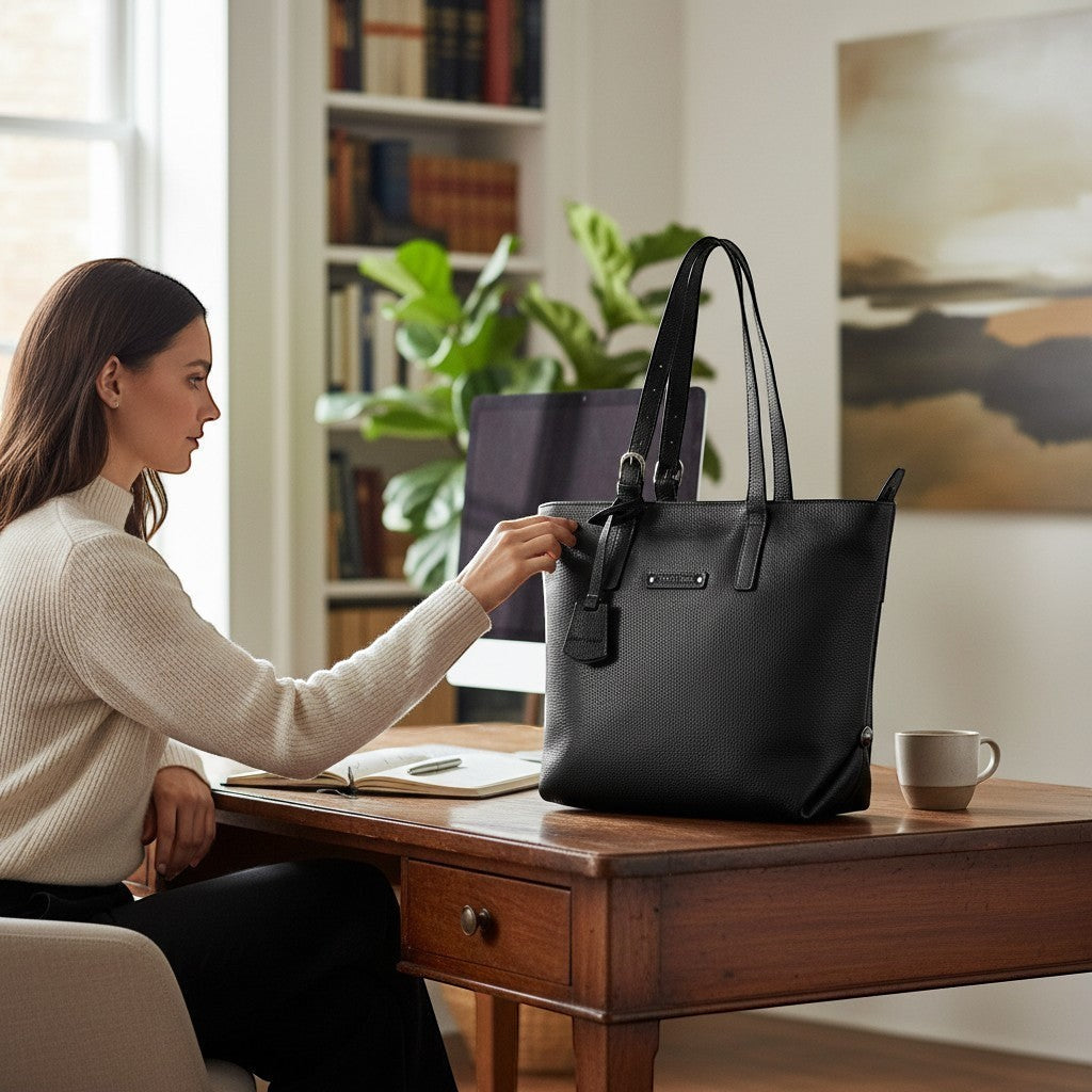 Chris Louis black pebbled leather tote bag with shoulder straps and leather tag, shown on a desk.
